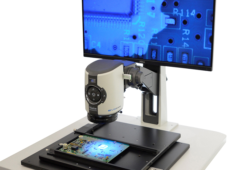 EVOTIS EVO Cam digital microscope inspecting PCB under UV illumination
