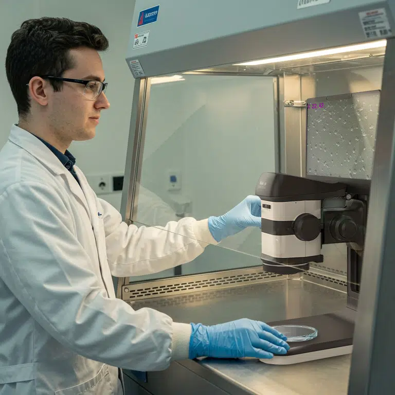 VE_VISO_Image3_2025.08-768×768 Microscopio estereoscópico digital ProteQ VISO 3D operado por una persona en una cabina de flujo laminar