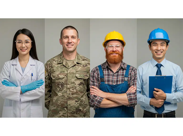 people-sectors-768×572 Una foto de 4 personas de diferentes sectores laborales, médico, militar, mano de obra calificada e ingeniería.
